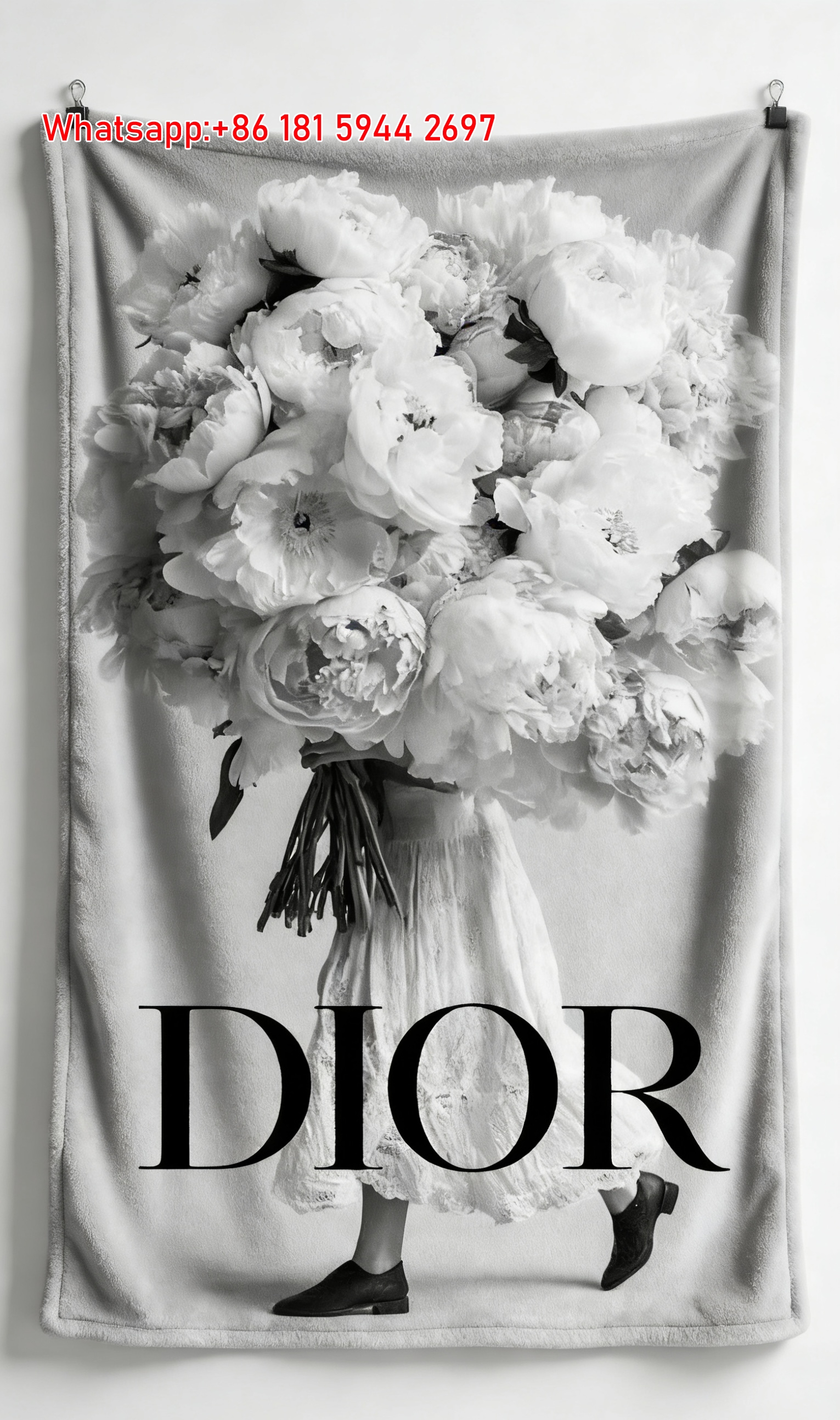 Dior Black White Peony Bouquet Flannel Sofa Throw Blanket D377